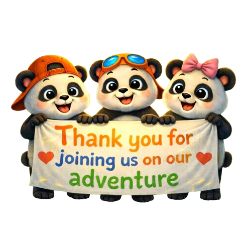 Three panda siblings Honey, Bunny and Funny standing together in a bamboo forest