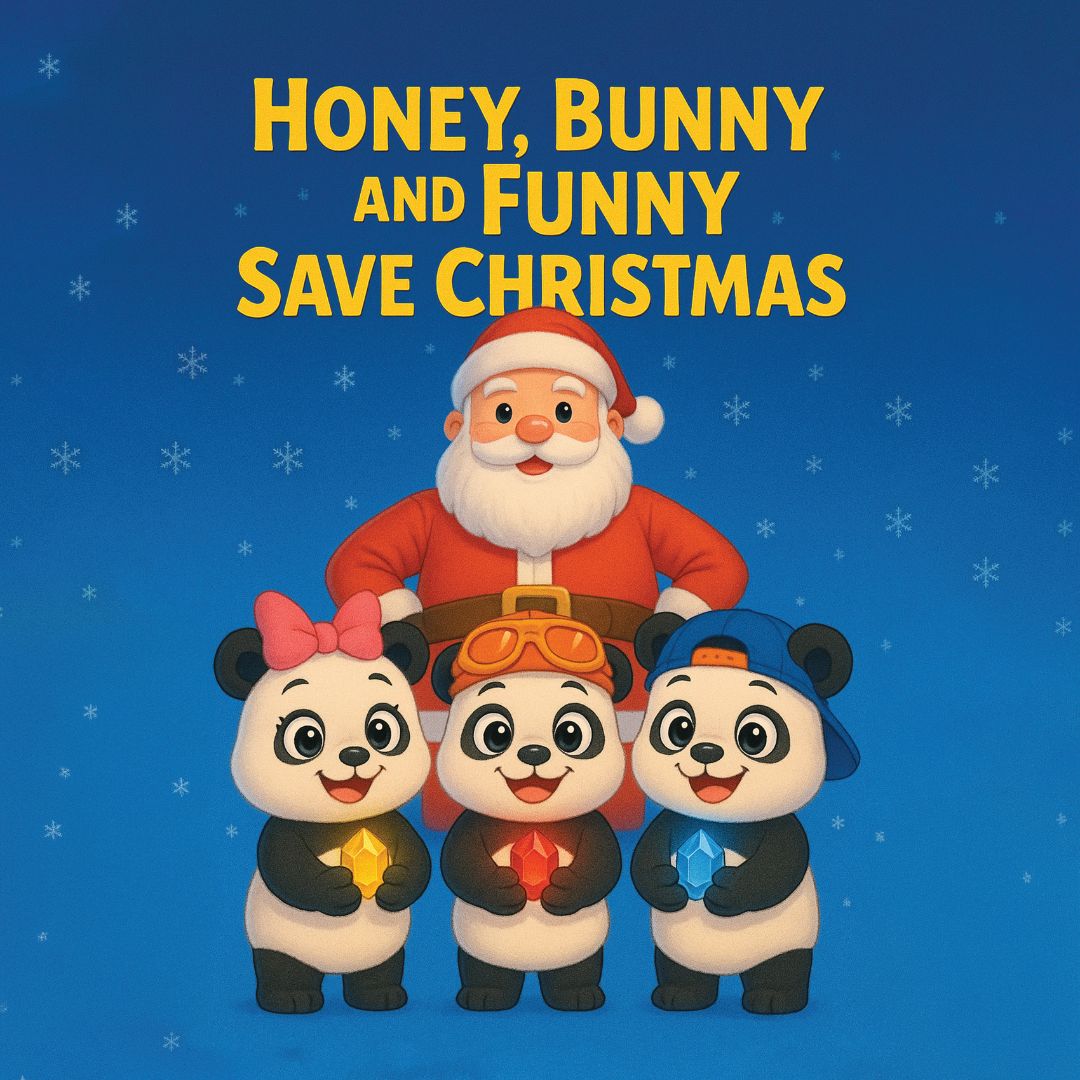 Book cover: Honey, Bunny and Funny Save Christmas, showing the three pandas in a festive Christmas scene