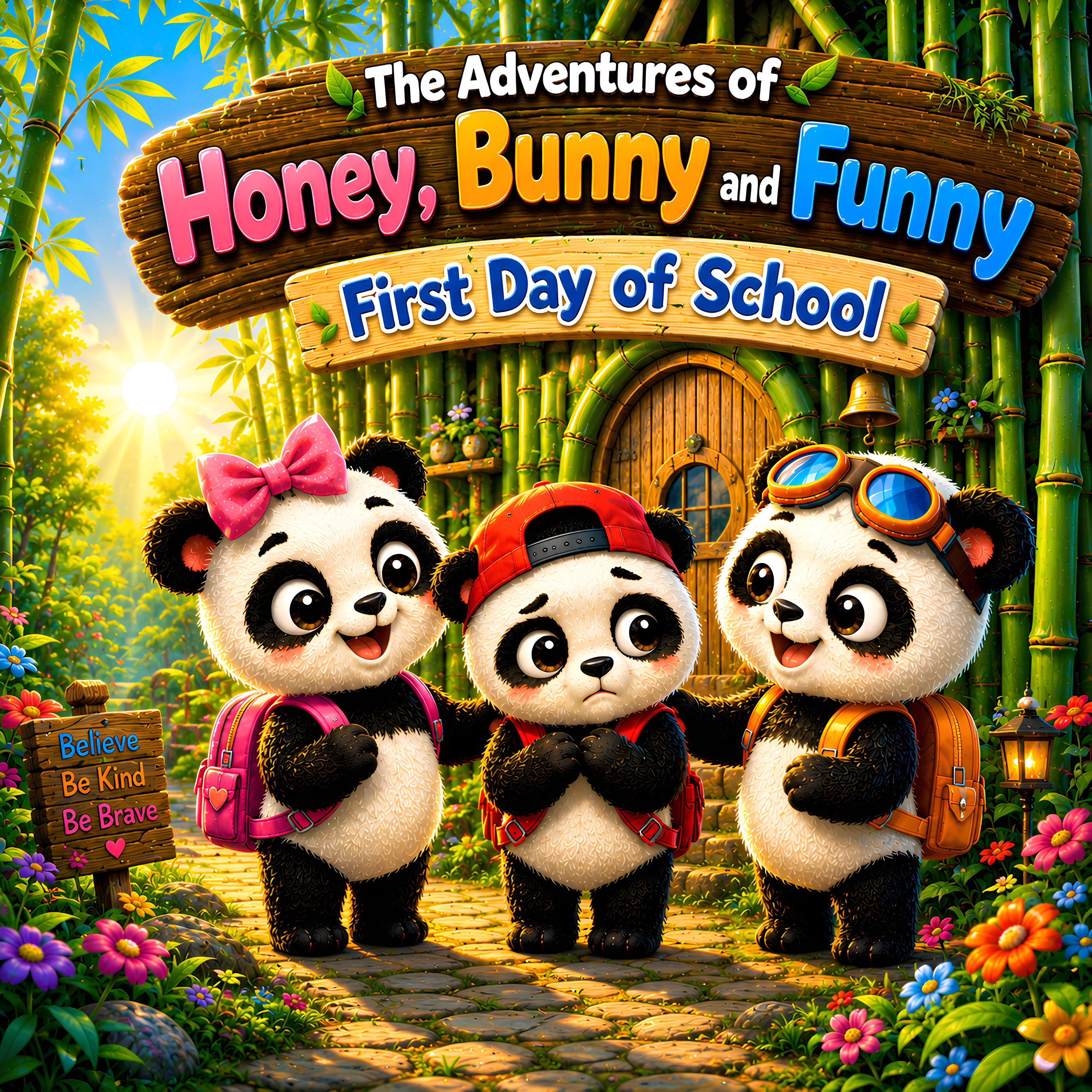 Cover of First Day of School featuring Honey, Bunny and Funny outside their school